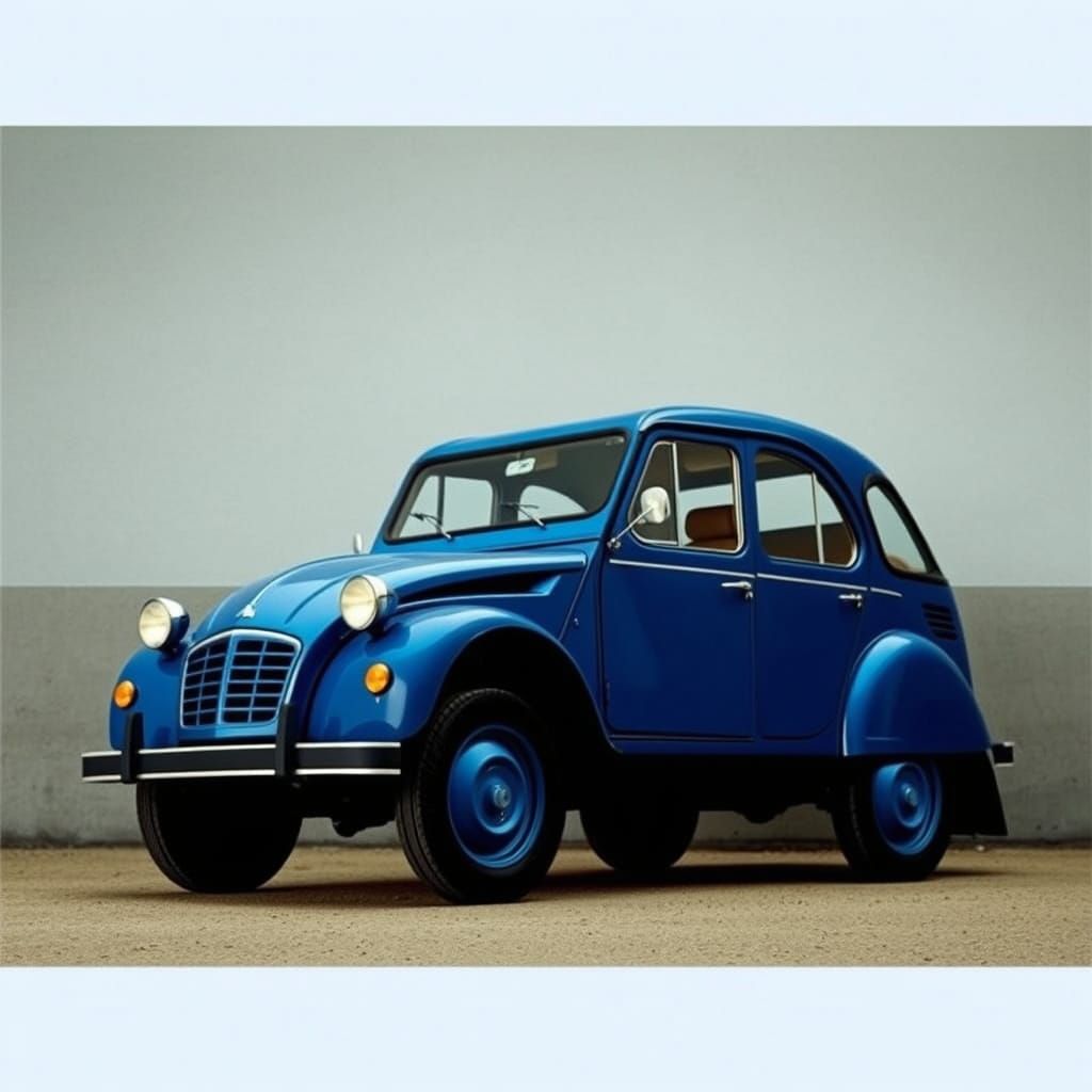 Blue Citroën 2CV on Two Wheels: Cinematic Style