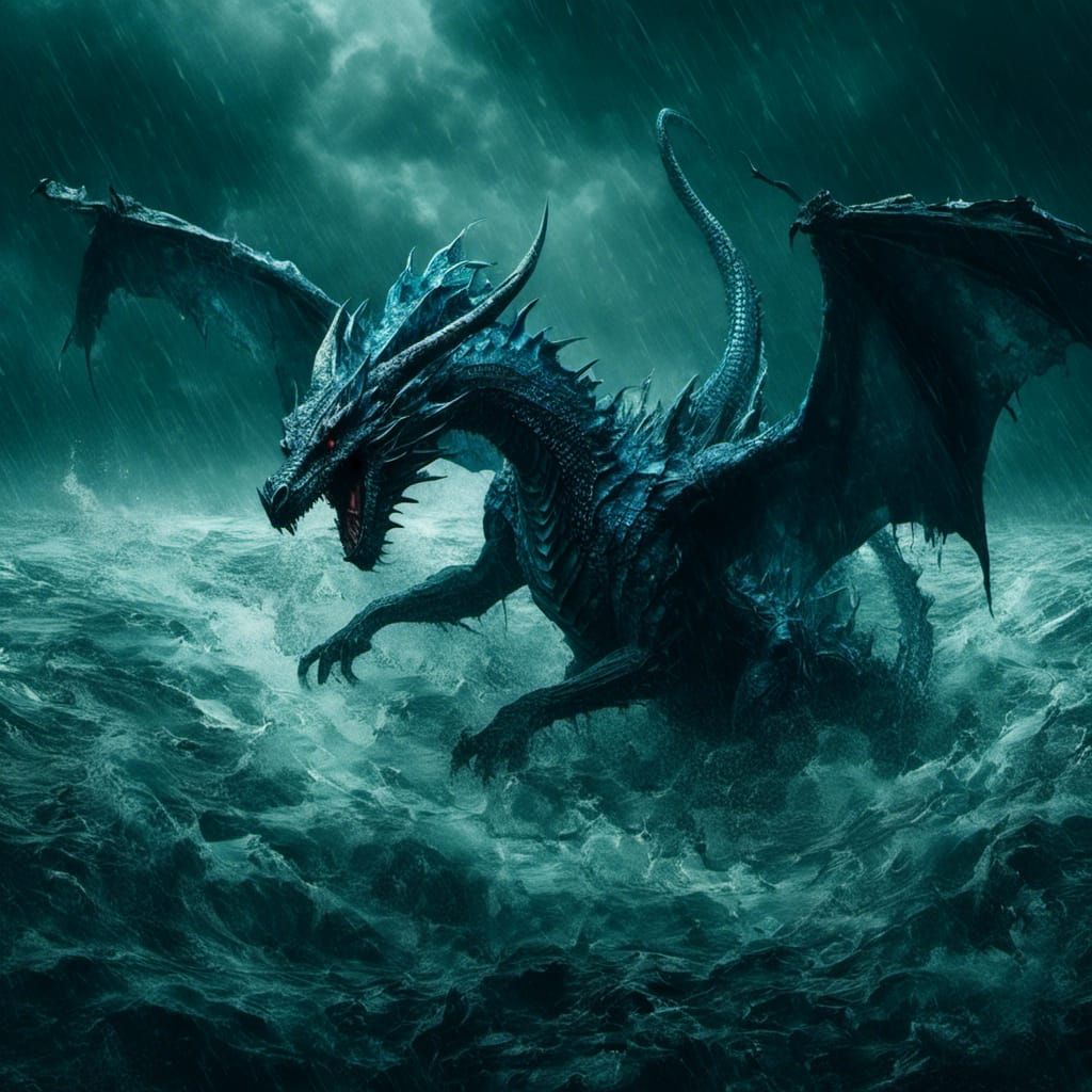 Blue Dragon Rising from Stormy Lake