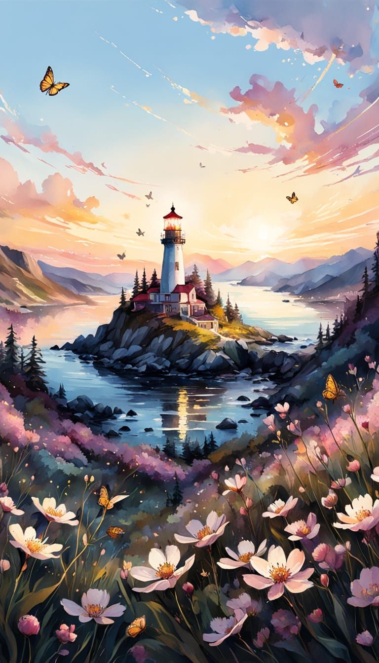Fantasy Lighthouse in Flower Meadow Morning Light