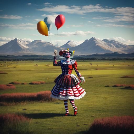 Sad Clown in Surreal Circus Landscape
