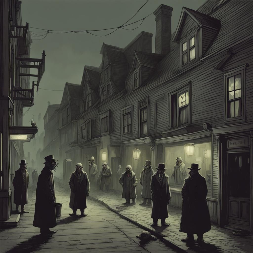 Creepy Innsmouth Street Scene in Lovecraftian Style