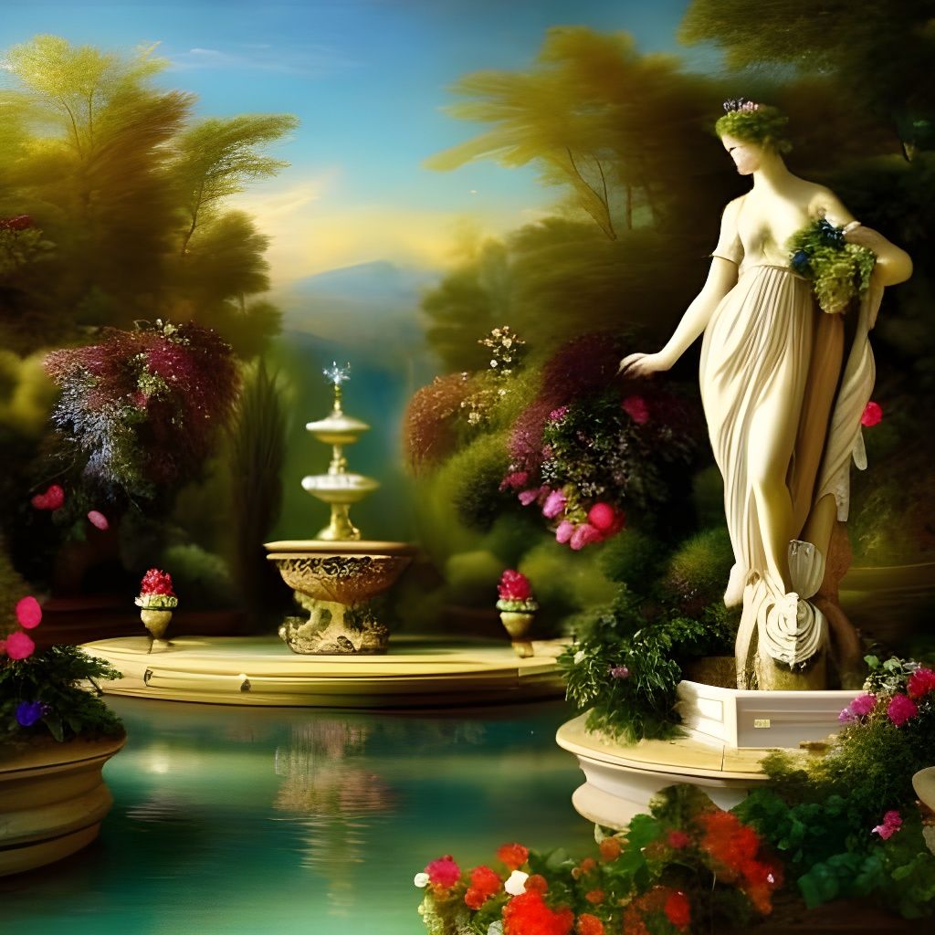 Magical Garden with Goddess Fountain, Baroque Painting