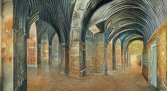 Surreal Endless Corridor with Demon Faces and Candles