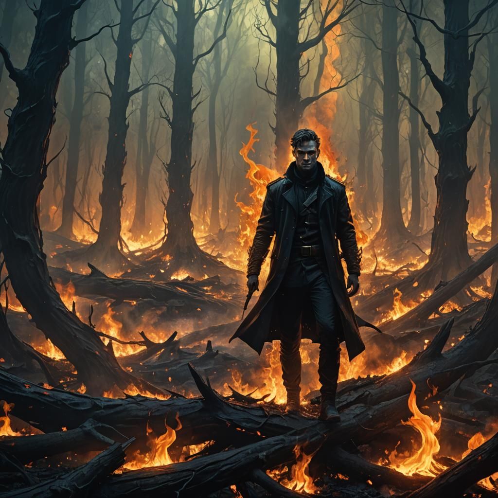 Dark Fantasy Figure in Burning Forest
