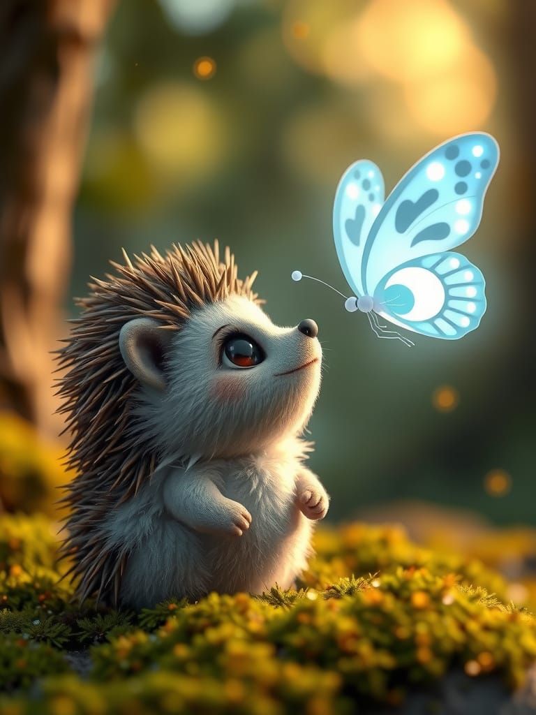 Cute Magical Hedgehog Encounters Glowing Lunar Butterfly