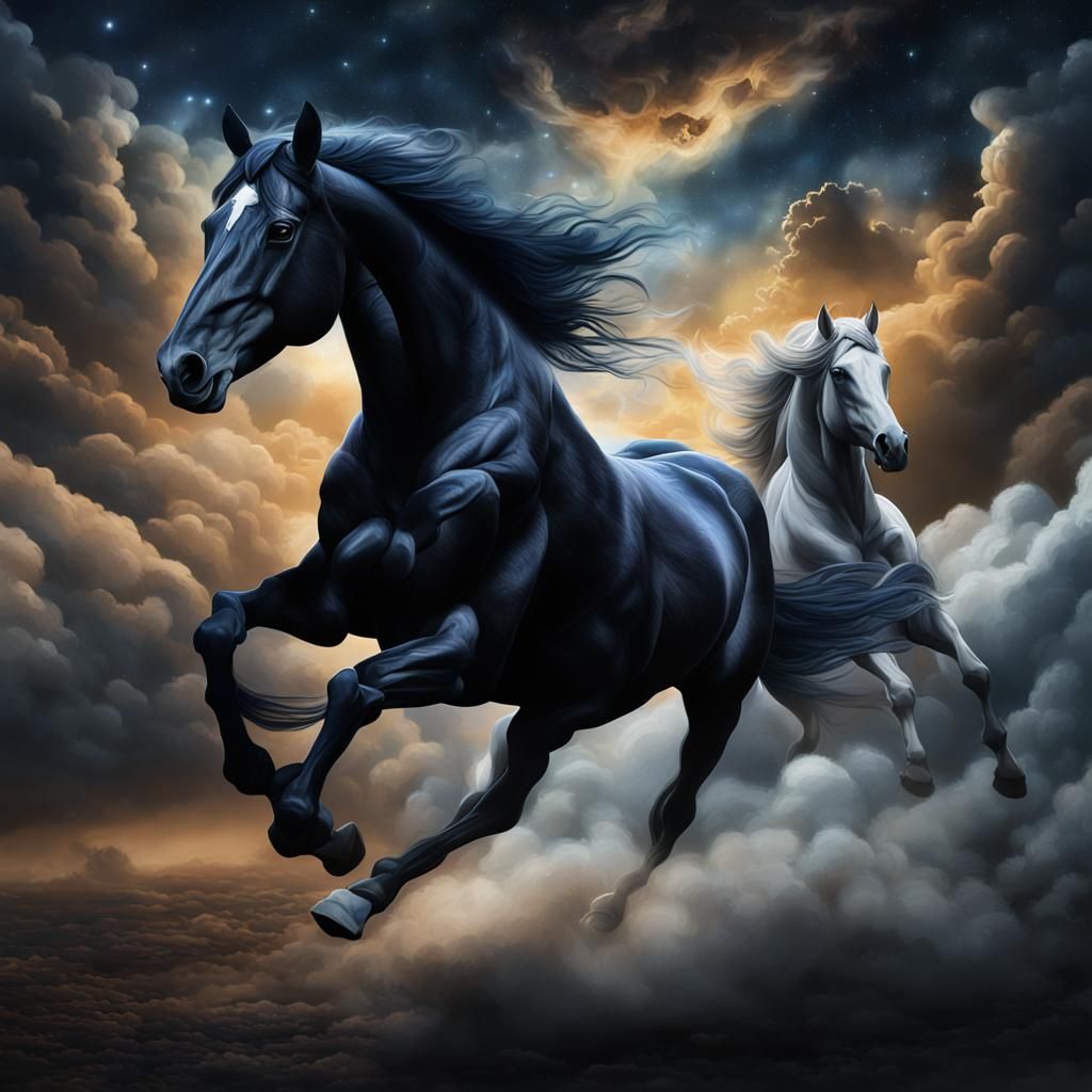 Horses Running in the Night Sky: Gothic Airbrush Art