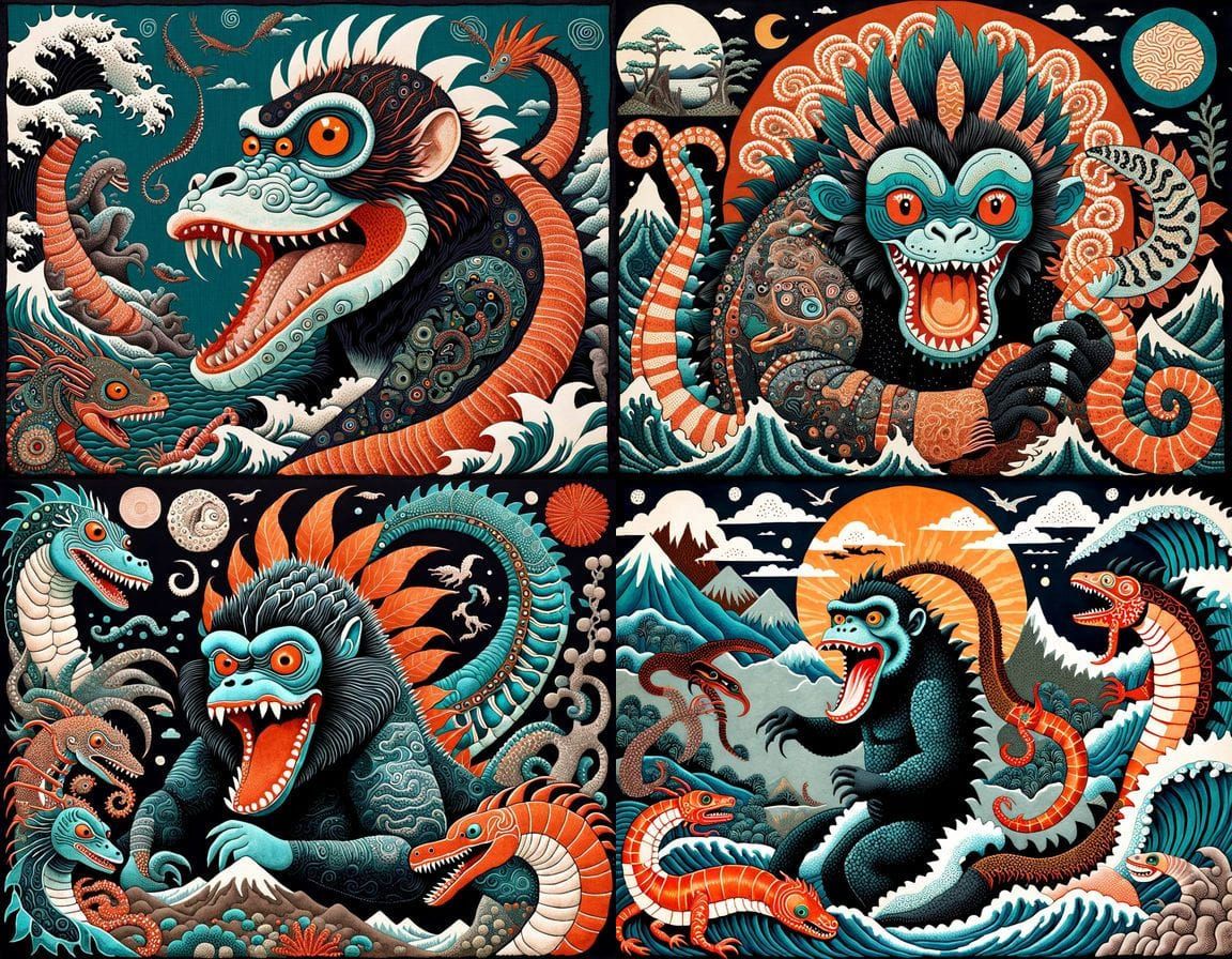 Whimsical Hybrid Monster Embroidered in Rust and Teal