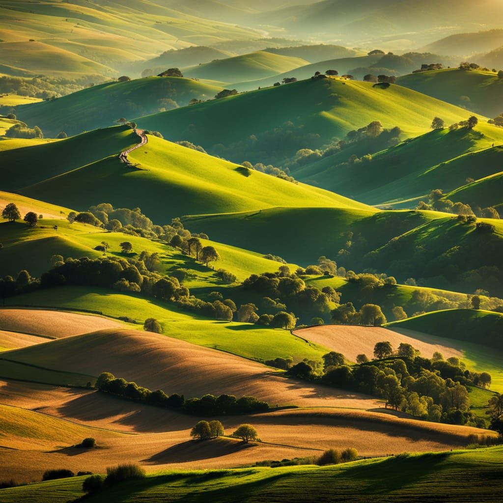 Rolling Green Hills Under Sunny Sky Photography