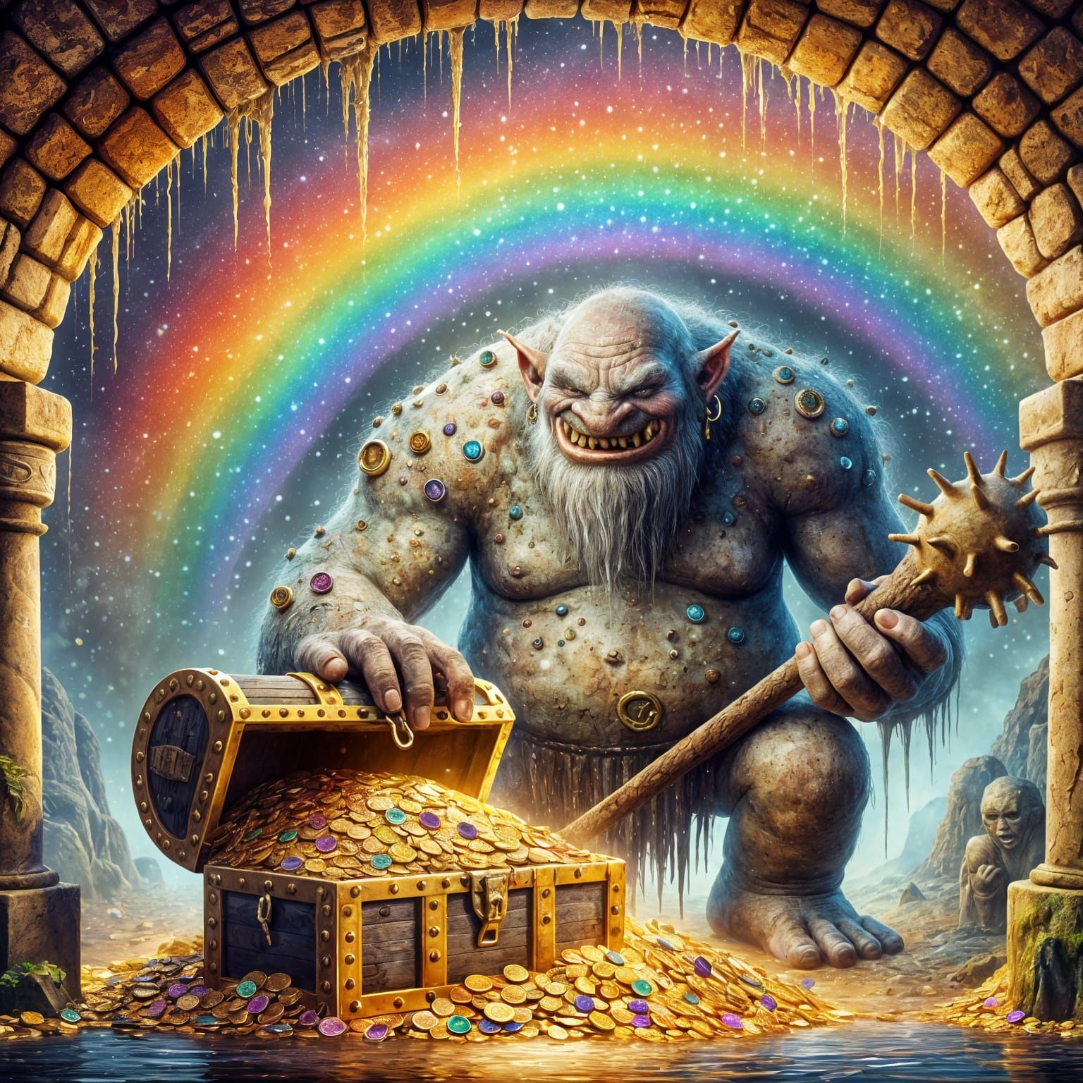 Grotesque Troll Guarding Treasure Under Rainbow