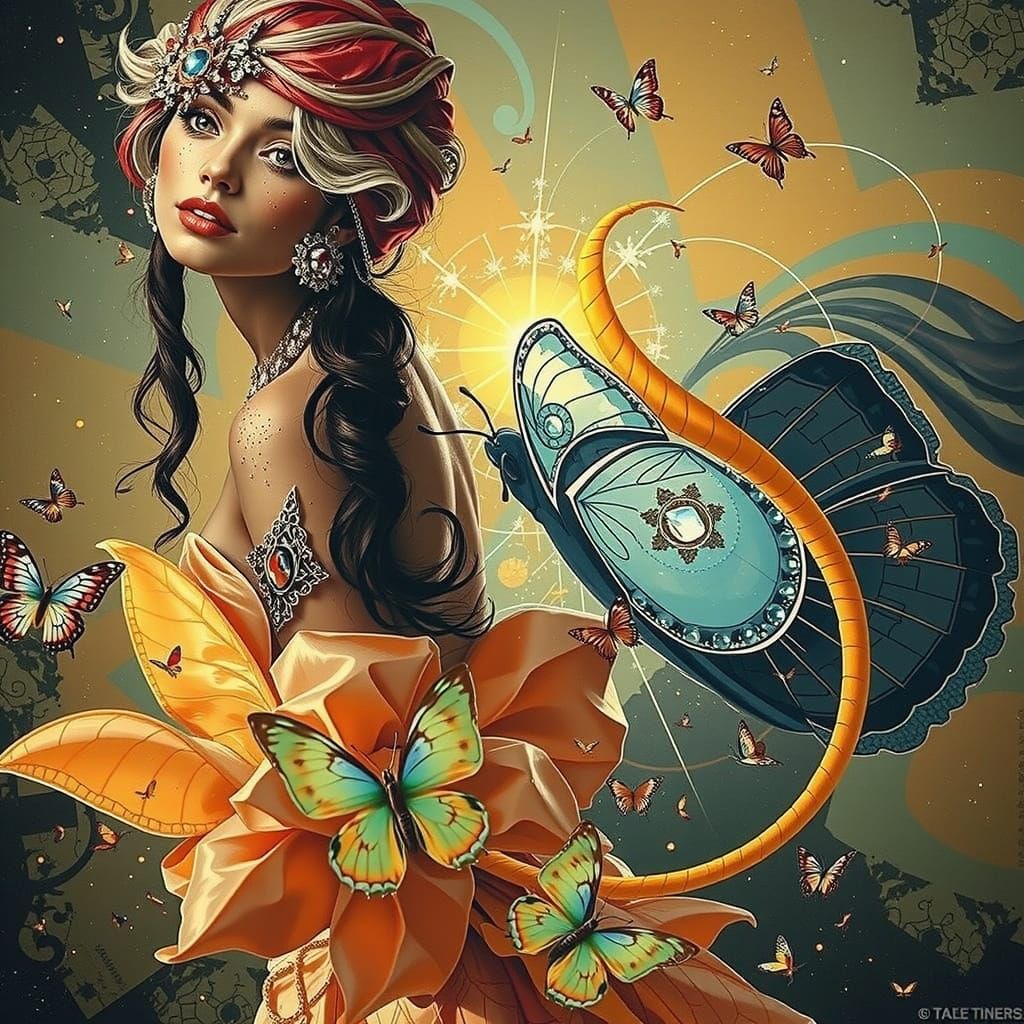 Regal Woman in Psychedelic Vortex, Art Deco Style