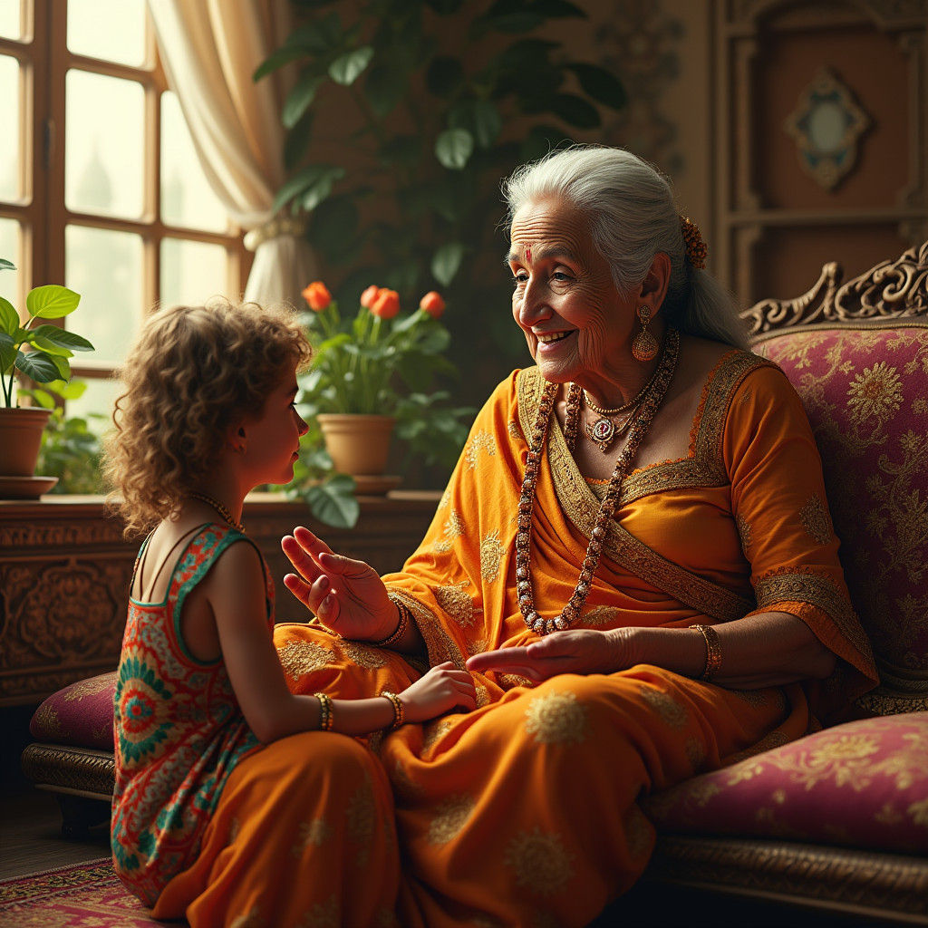 Enchanting Tale: Indian Woman and Child, Fantasy Concept Art