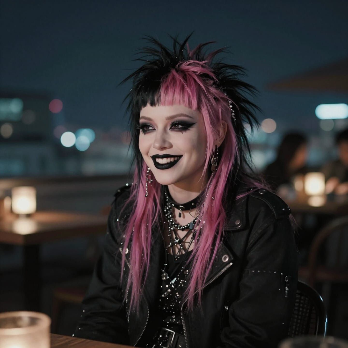 Punk Girl With Pink Hair Enjoys Night On Rooftop