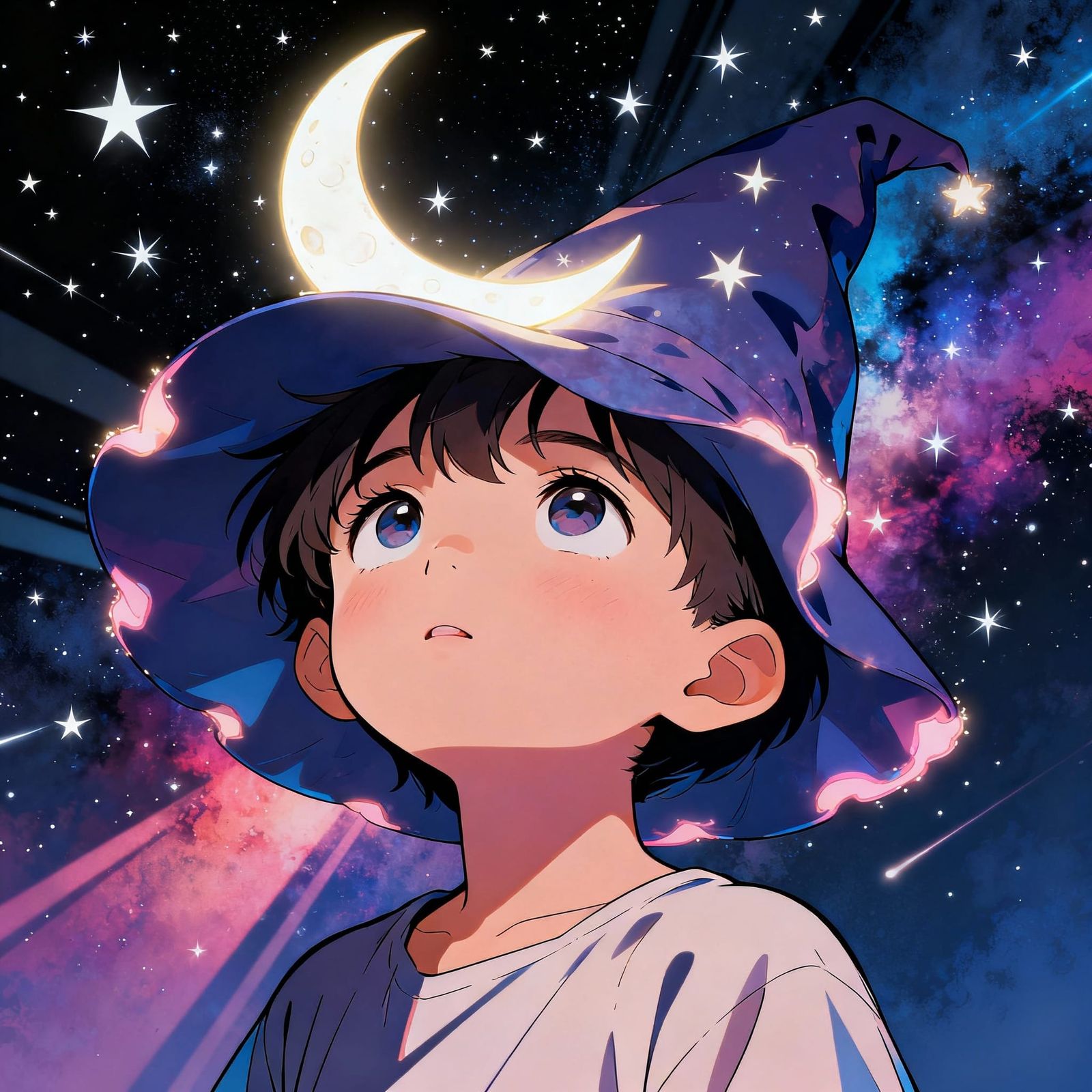 Child Dreamer Gazing at Stars in Moon Hat