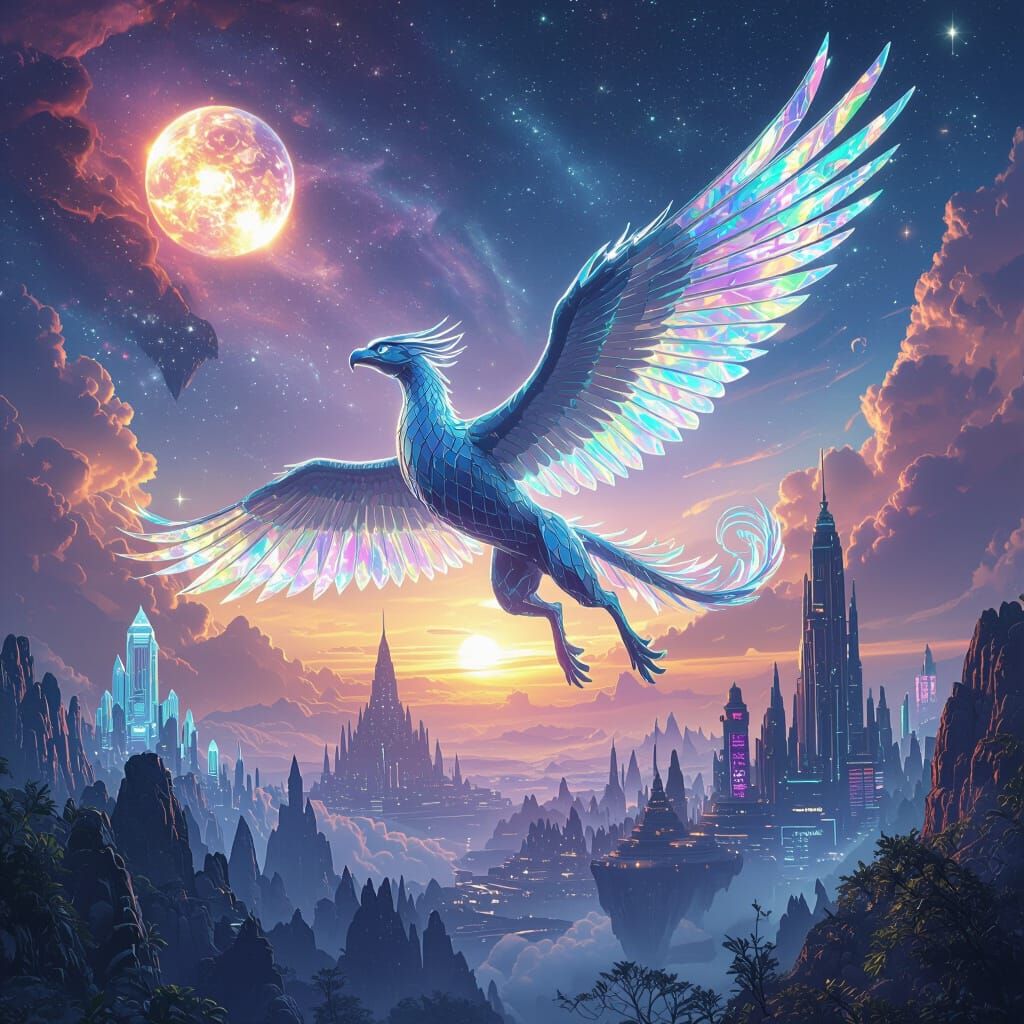 Glass Griffin Soaring Through Alien Sky