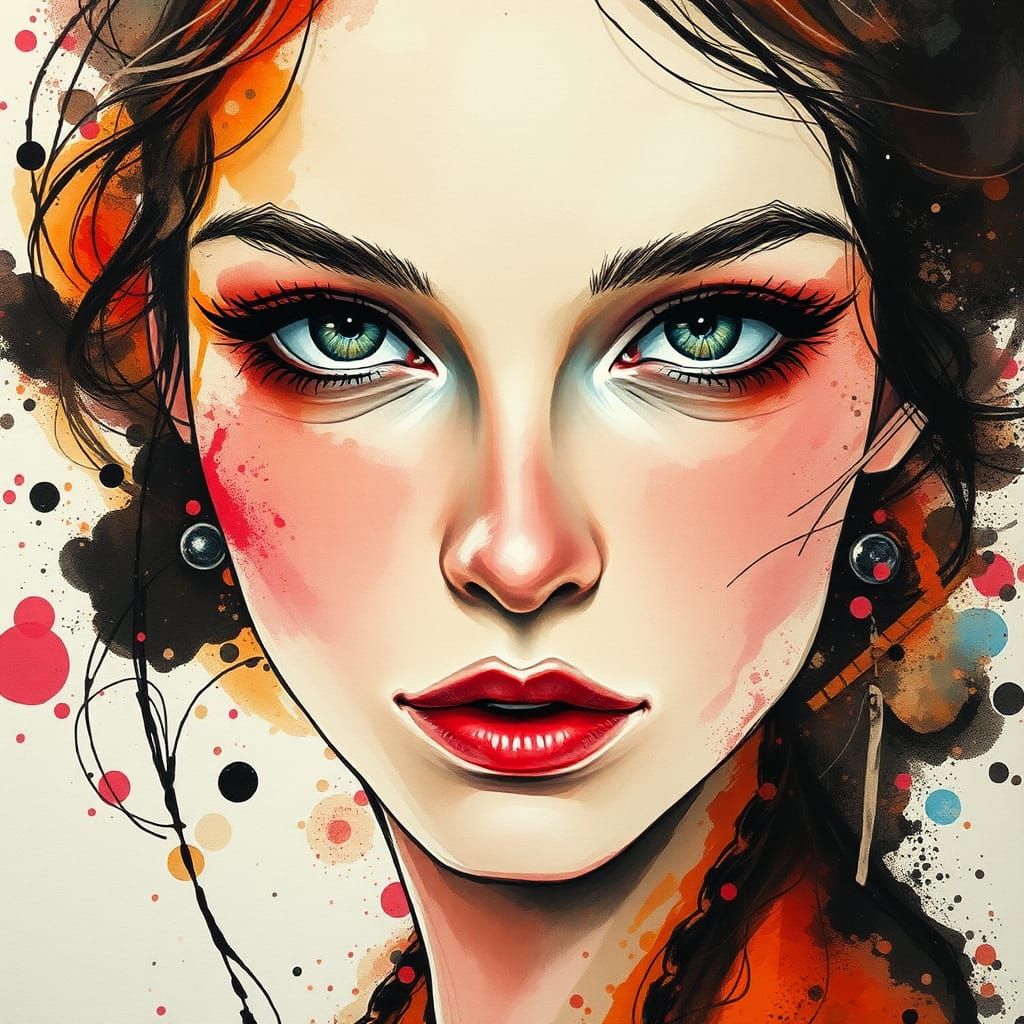 Expressive Woman's Portrait with Ink Splashes