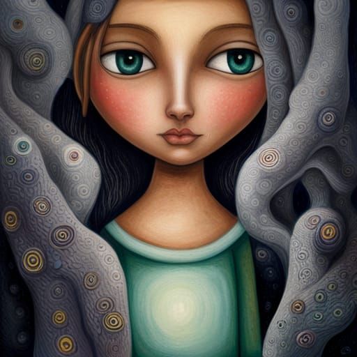 Girl Before Dragon Blood Tree as Pointillist Cardboard Art