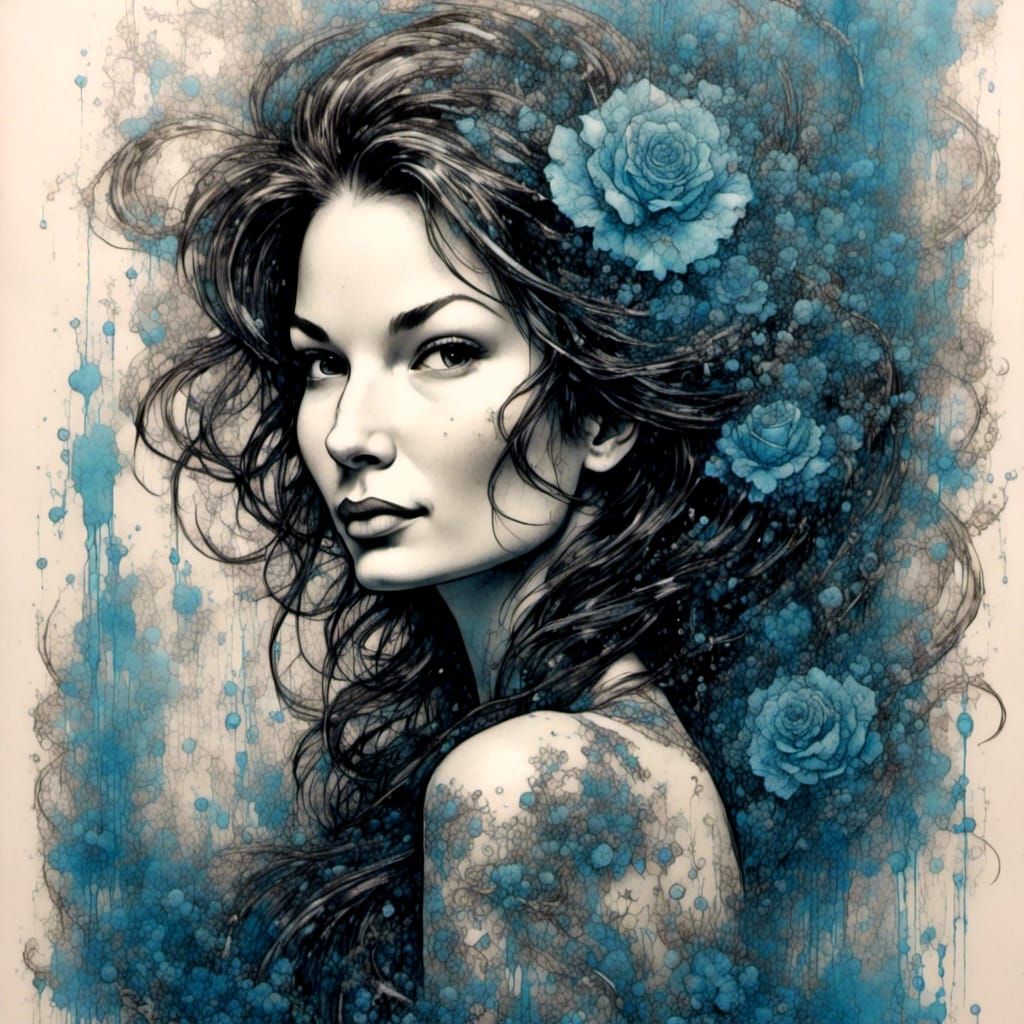 Ornate Woman with Flowers in Hair, Hyperrealistic Art