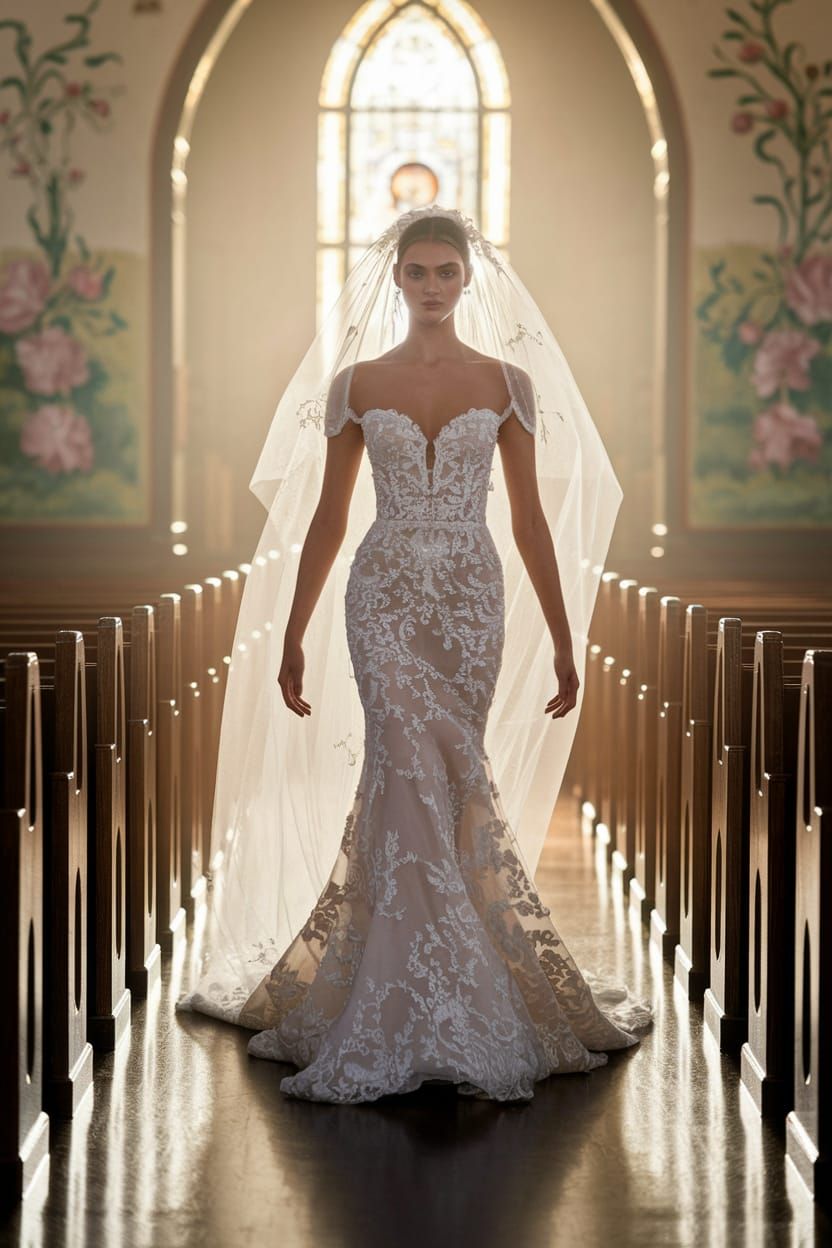 Elegant Bride in White ñandutí Wedding Dress with Delicate L...