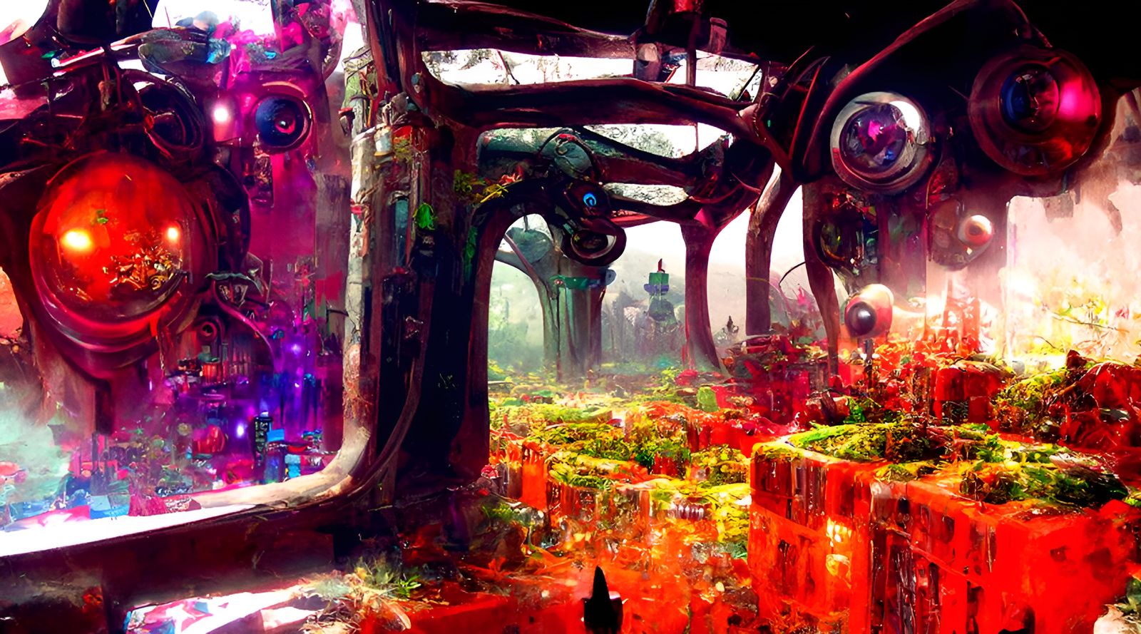 Dieselpunk Golem in a Biopunk Cityscape