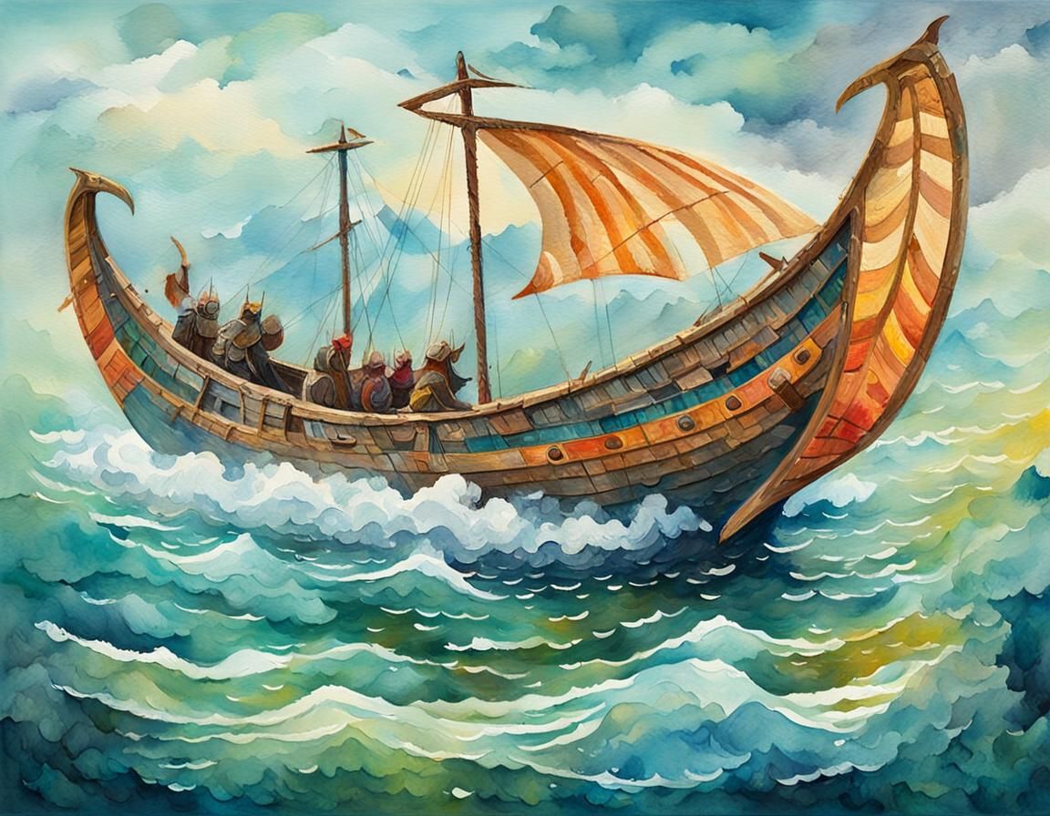 Winged Viking Longship in Gouache Style