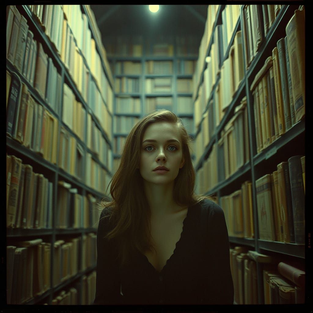 Melancholy Woman in Ancient Library, VHS Style