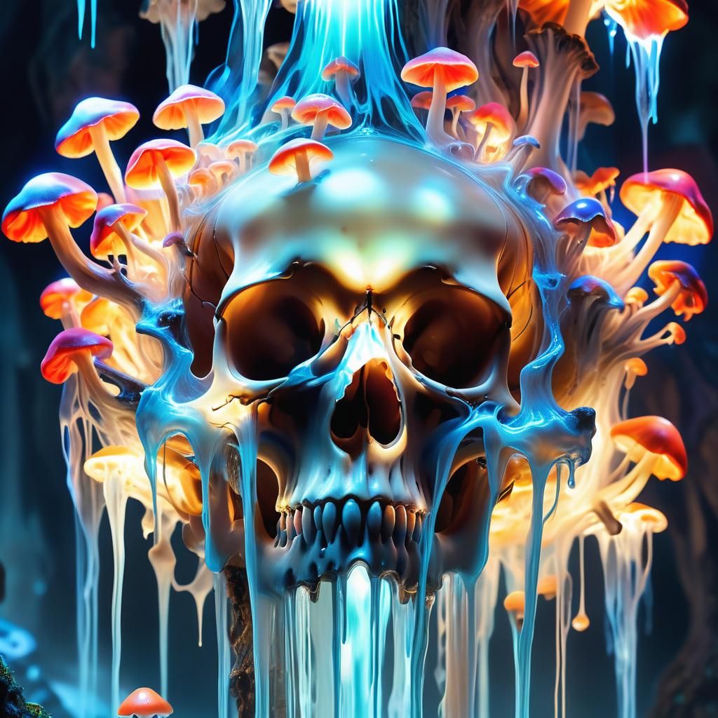 Surreal Neon Skull Dreamscape with Glowing Waterfalls