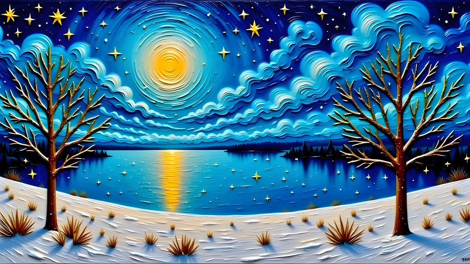 Winter Wonderland in Impasto Style Under Starry Sky