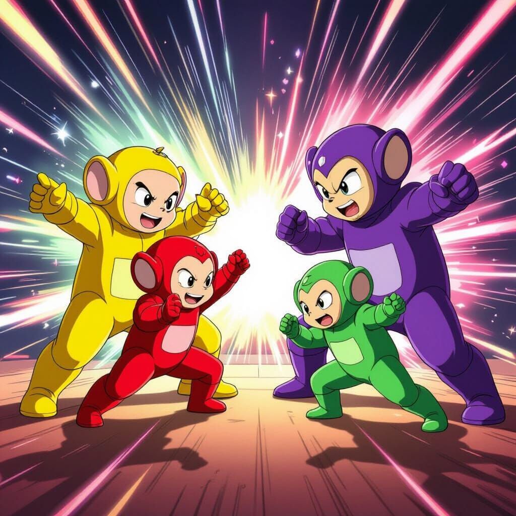 Tellytubby Anime Fighting Scene in Dynamic Poses