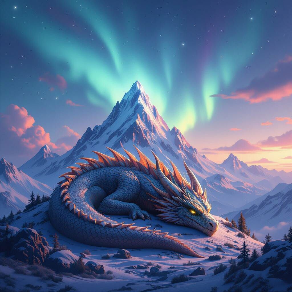 Sleeping Dragon on Crystal Mountain Under Aurora