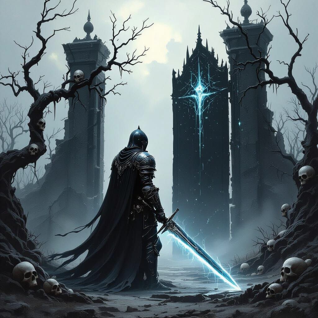 Spectral Knight Guards Obsidian Gate in Dark Fantasy Style