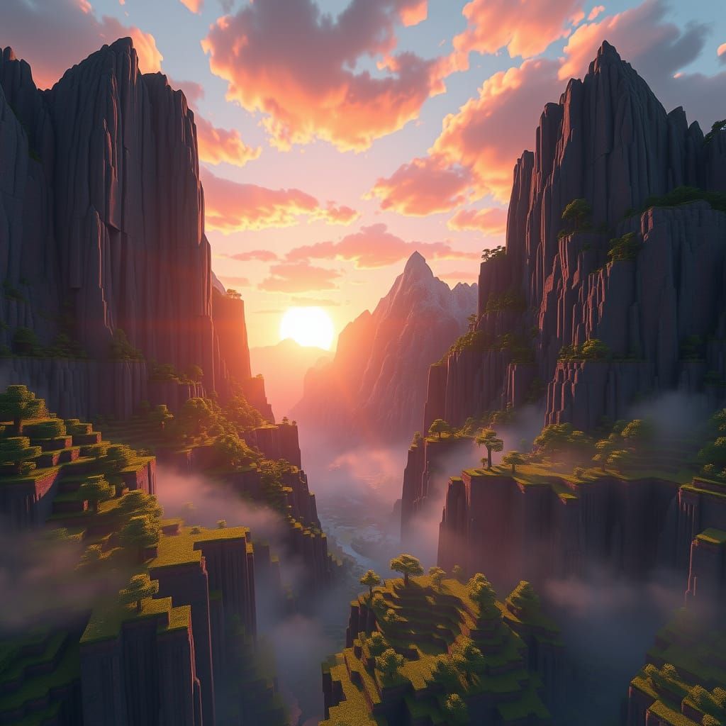 Minecraft Mountain Range at Sunset in Low-Poly Style