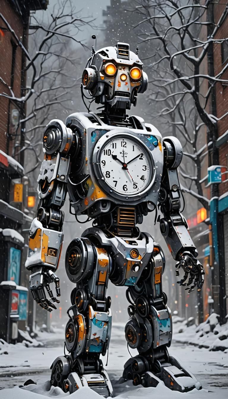 Robot Clock in Snowfall: Graffiti Street Art