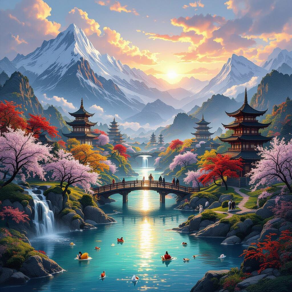 Fantastical East Asian Landscape at Sunrise