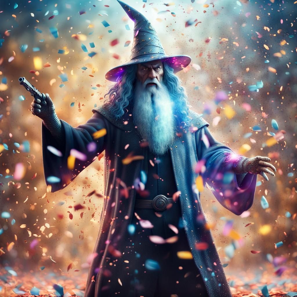 Wizard Casts Confetti Spell in Sci-Fi Fantasy Scene