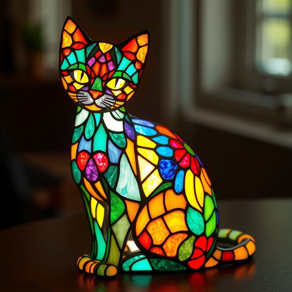 Vibrant Stained Glass Cat Casting Colorful Light