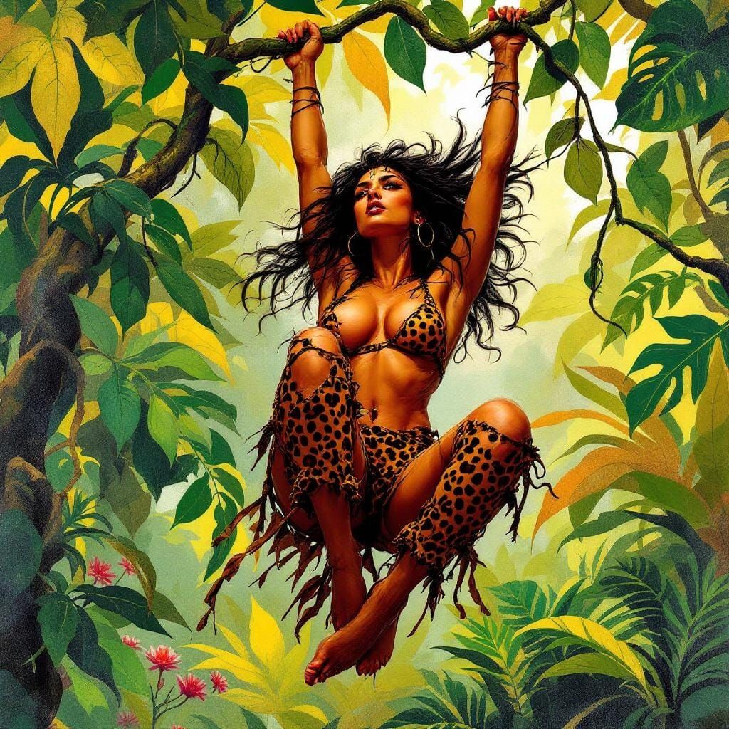Jungle Queen Swinging: Expressionist Painting with Bold Brus...