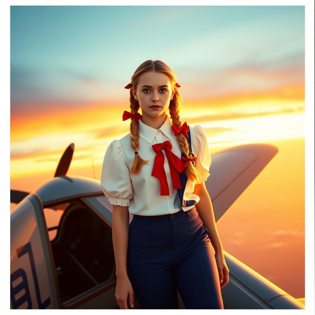 Girl on Airplane Wing at Sunset, Cinematic Style