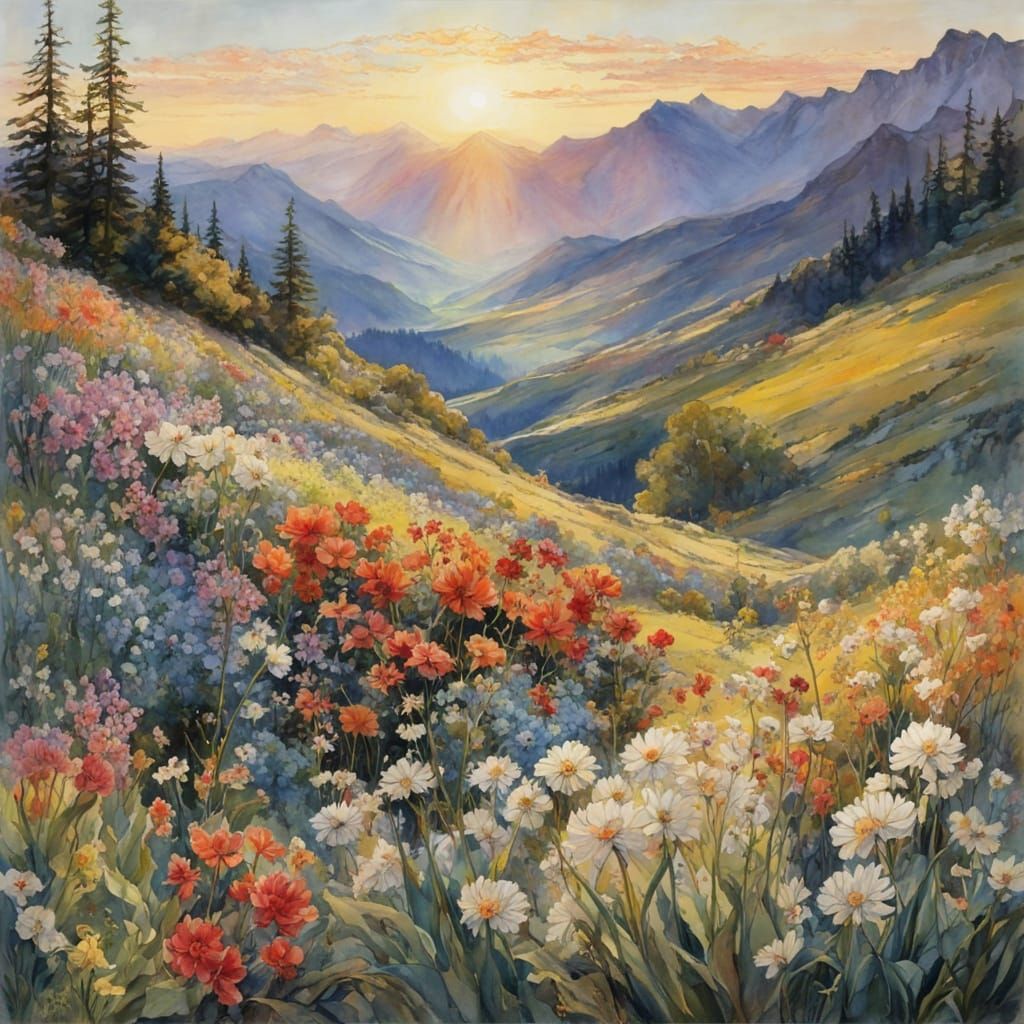 Dreamy Watercolor Mountains Blooming with Colorful Flowers