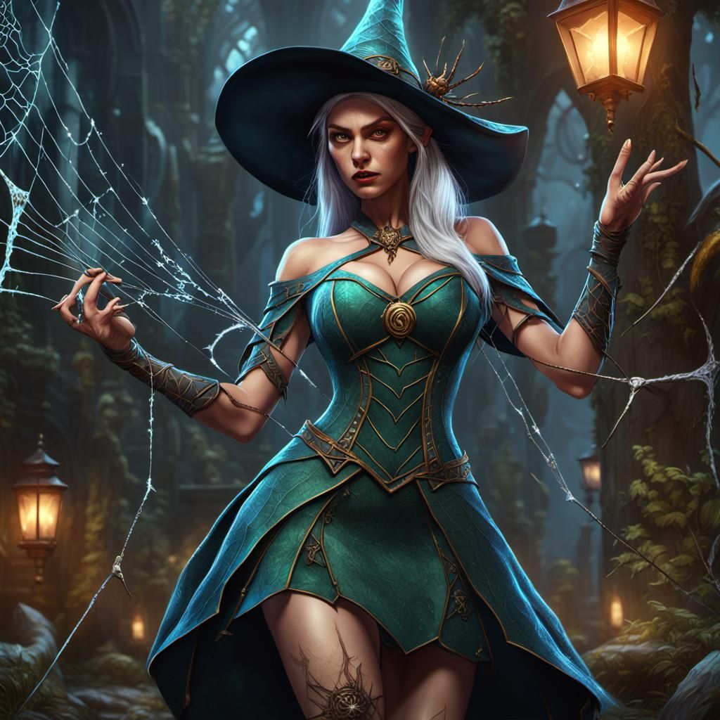 Elf wizard tangled in spider webs