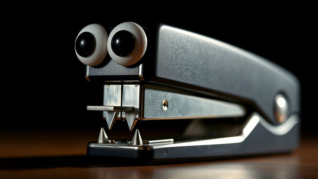 Office Stapler with Googly Eyes in Dramatic Lighting