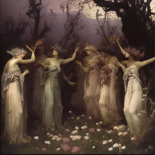 Eerie Fairies by Pond in Gothic Horror Style