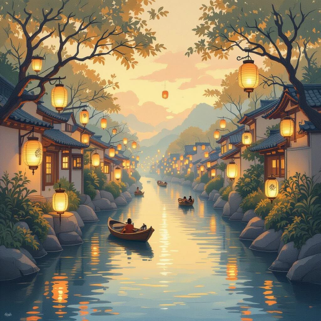 Golden Lanterns Reflect on Calm River at Night