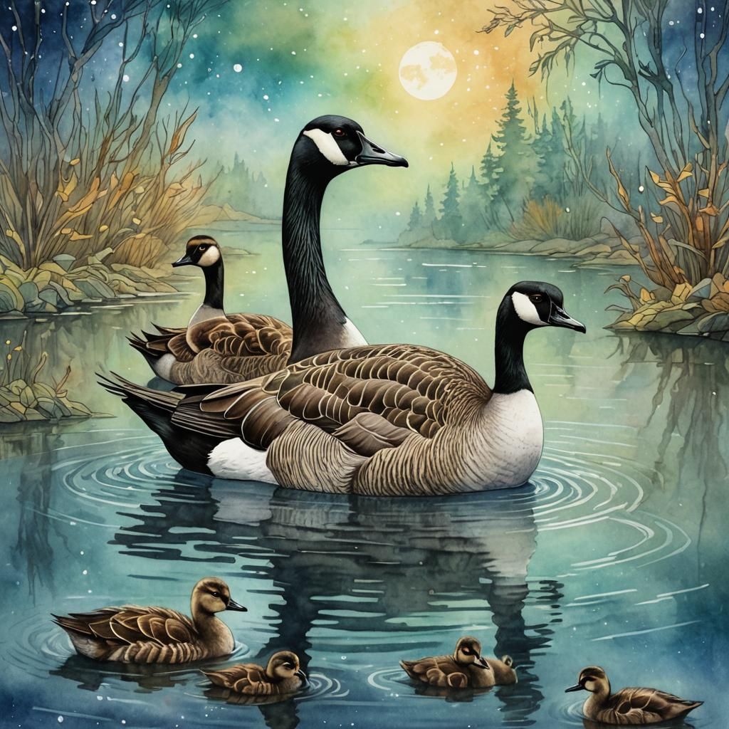 Canadian Goose and Goslings: Ink Drawing