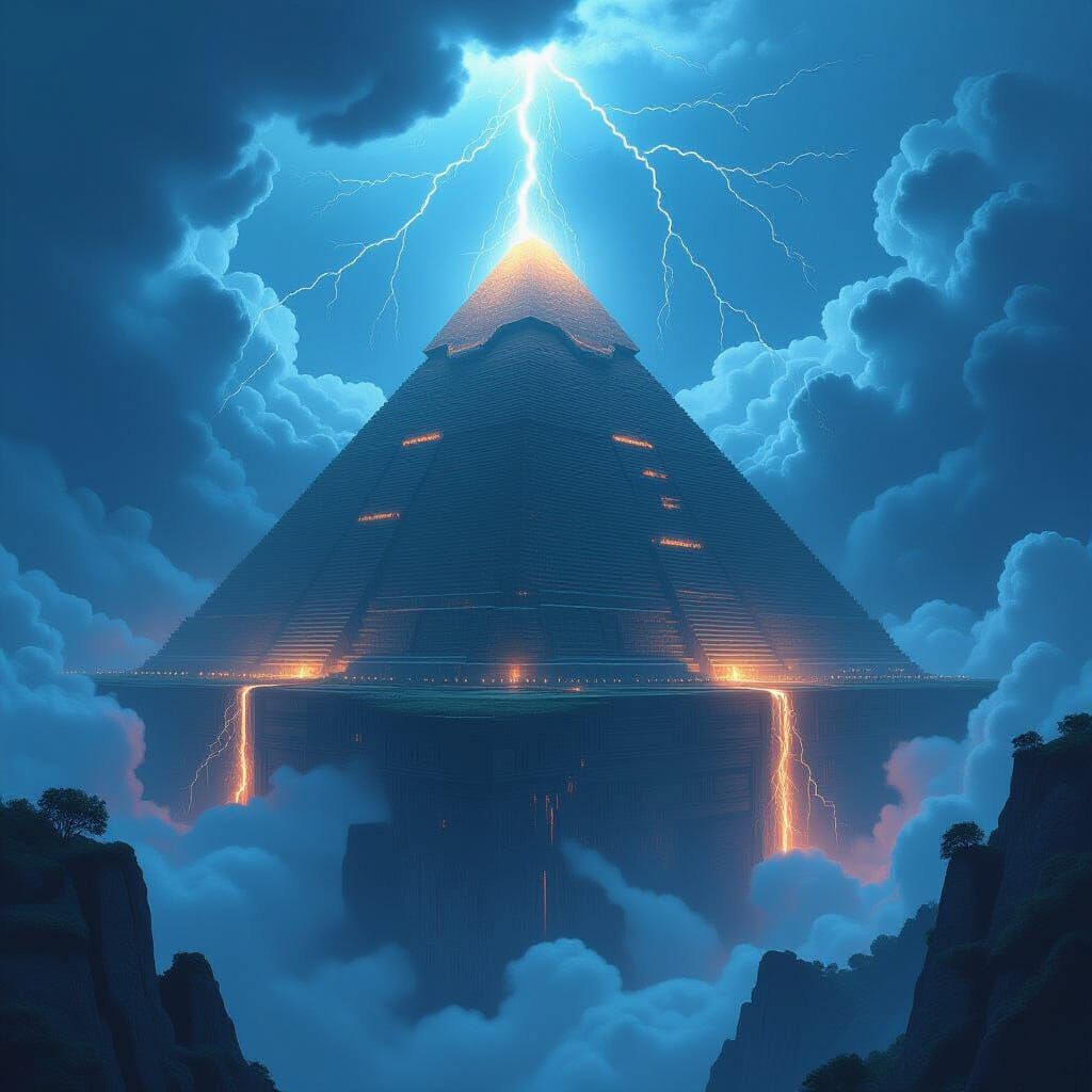 Ancient Pyramid on Stormy Island with Glowing Tech
