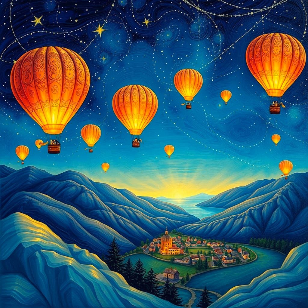 Night Sky Lanterns in Impressionist Style