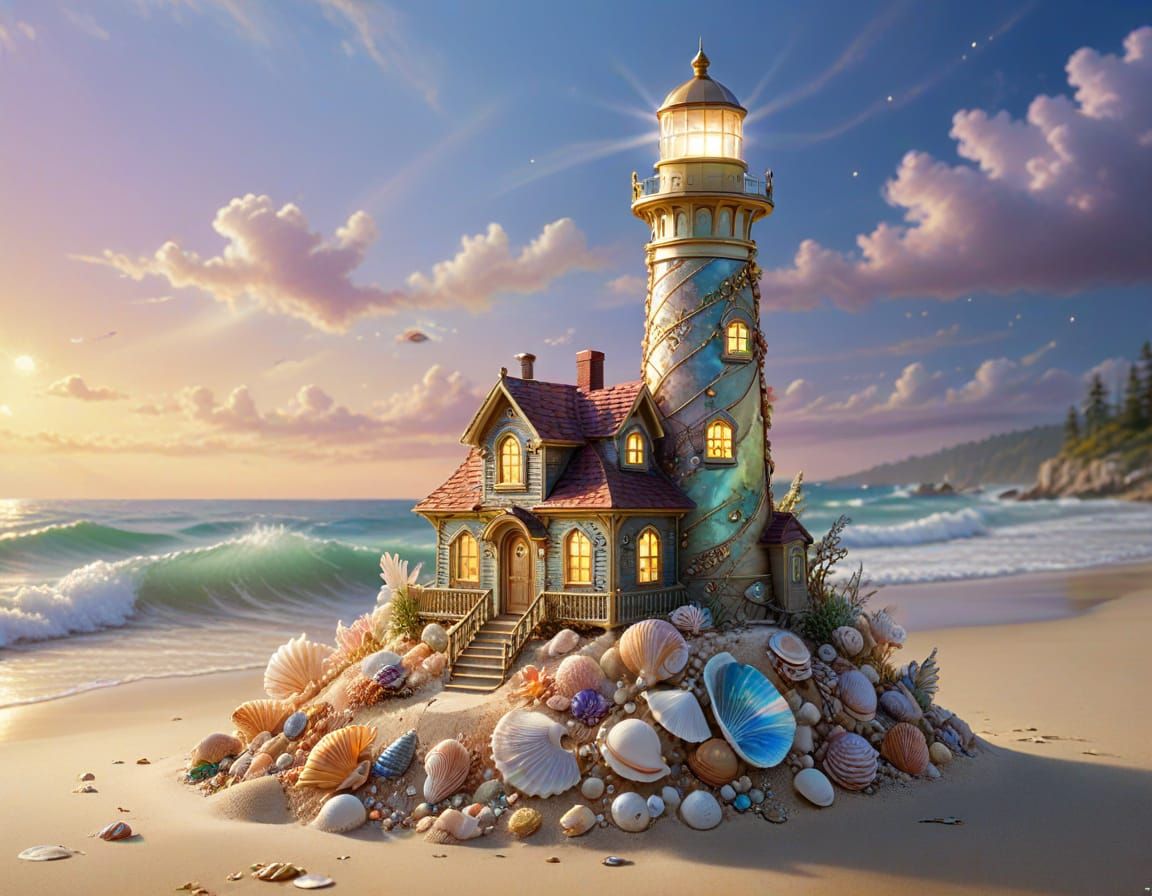 Bejeweled Seashell Lighthouse with Gold Accents