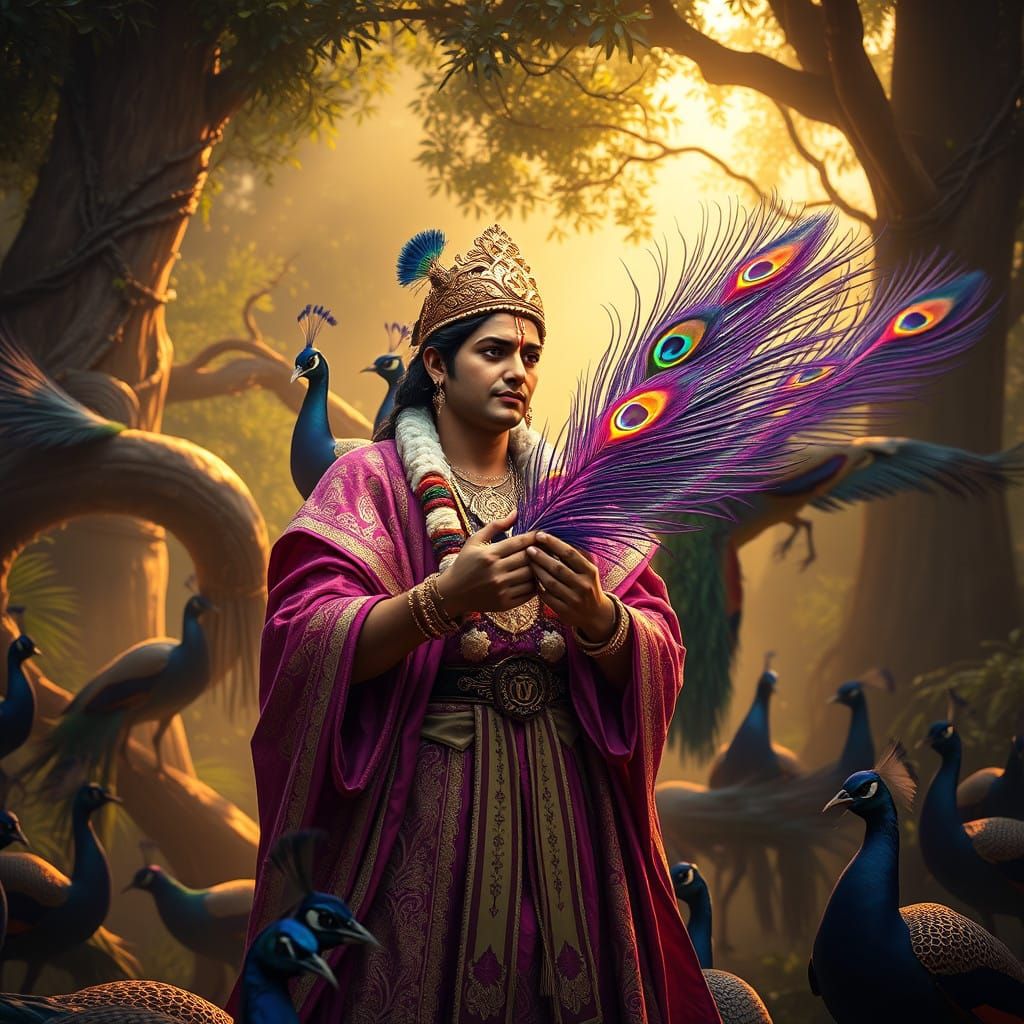 Lord Krishna Admires a Majestic Peacock Feather in a Lush Ju...