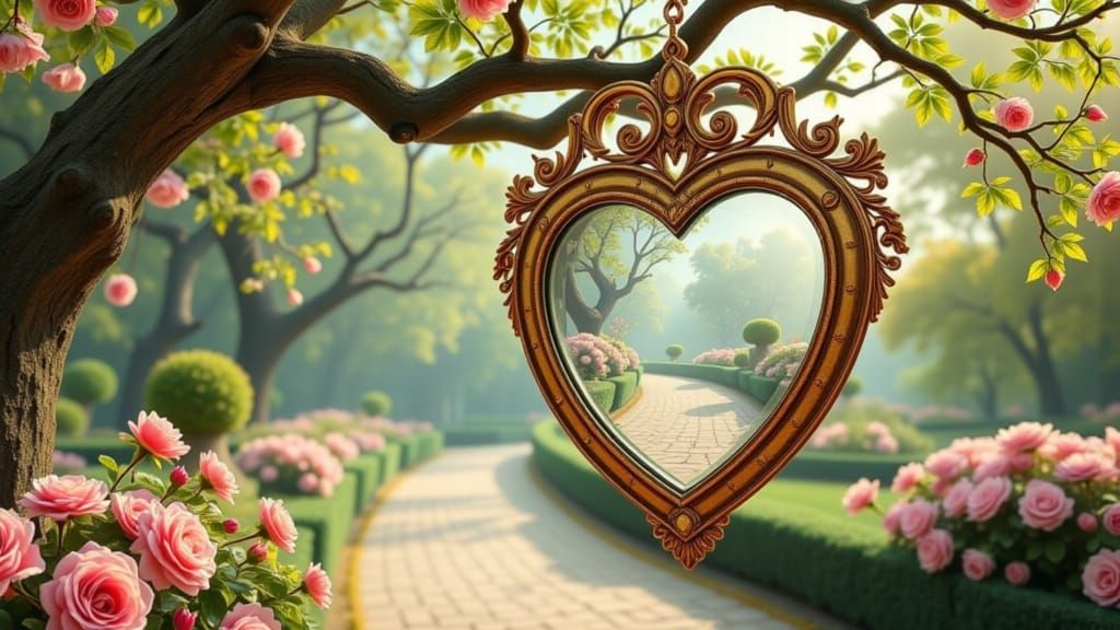 Heart Mirror in Rose Garden: Art Nouveau Style