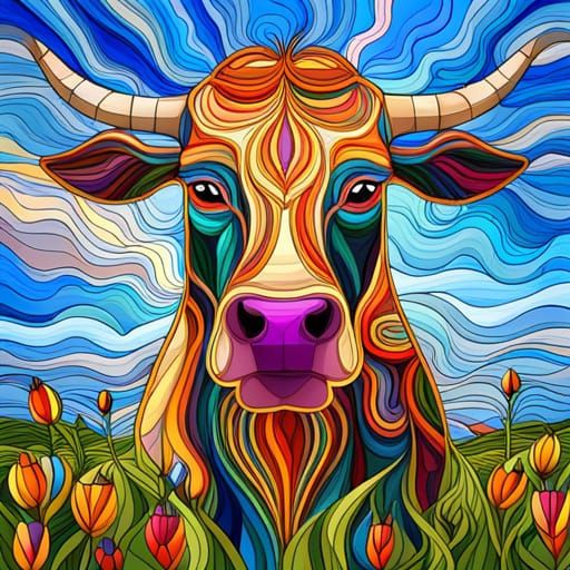 Stained Glass Cow in Wildflower Field