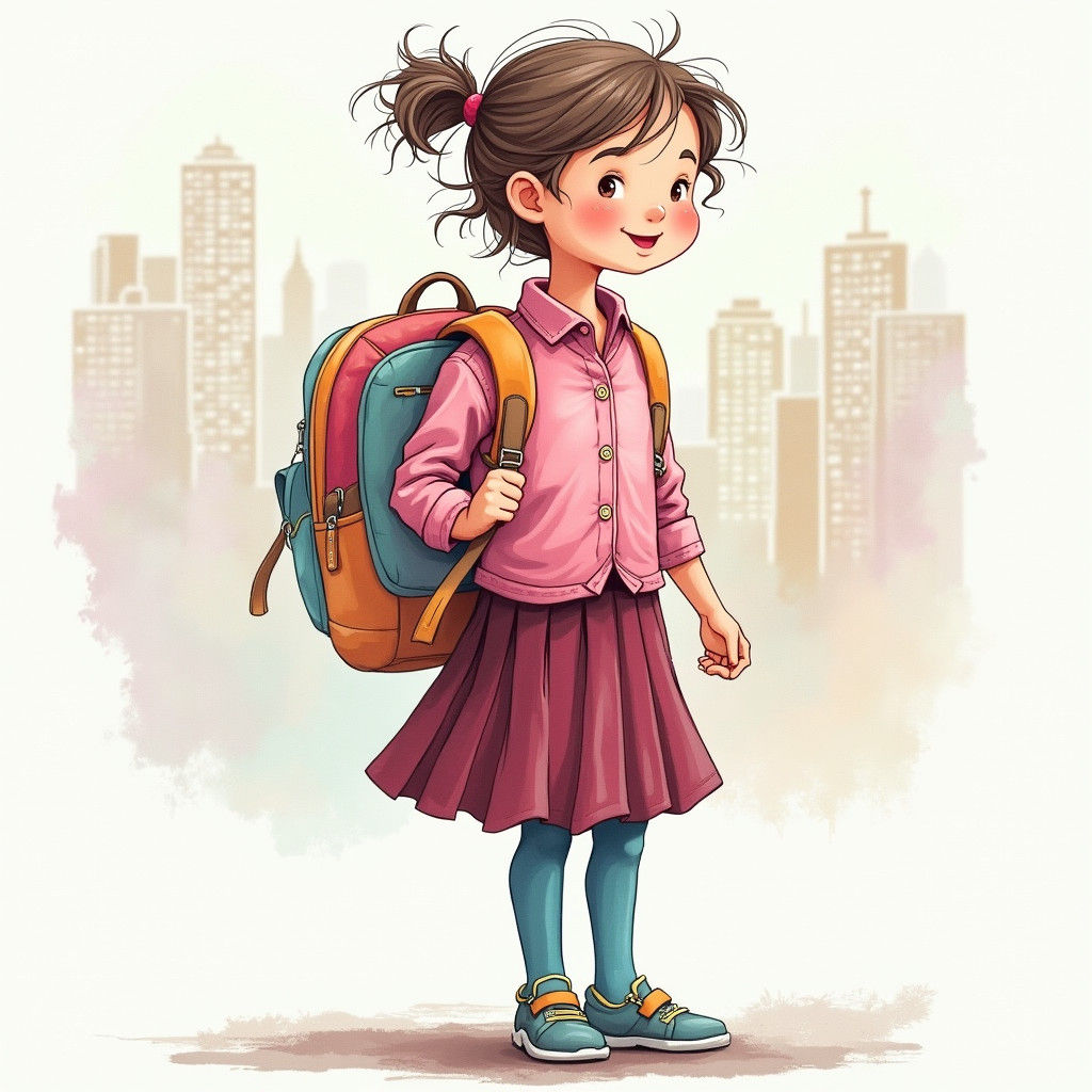 Girl with Backpack in Cityscape, Painted Style